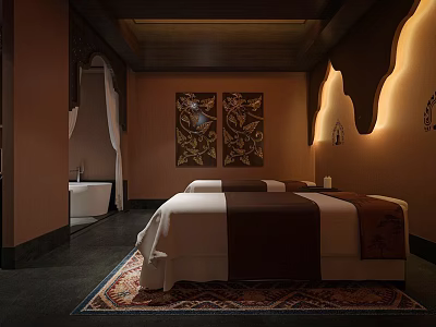 Luxurious SPA Sauna Interior With Massage Bed Decorative Paintings Warm Lighting And Bathtub 3d model