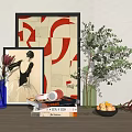 Modern Decorative Ornament Set With Framed Artworks Vase Flowers Green Plant Fruit Bowl And Books