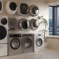 Stylish Washing Machines With Various Modern Designs Display In Home Showroom