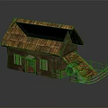 Residential Cottage with Wooden Structure Tile Roof Door Windows Side Ramp Railing and Wooden Barrel
