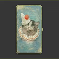 Teal Blue Decorative Storage Box With Gold Polka Dots Cat Wearing Hat Red Flower