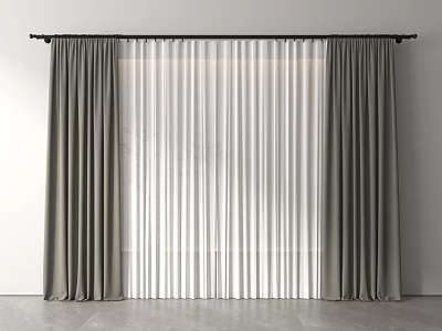 Gray Curtains And White Sheer Curtain With Black Rod Against White Wall 3d model
