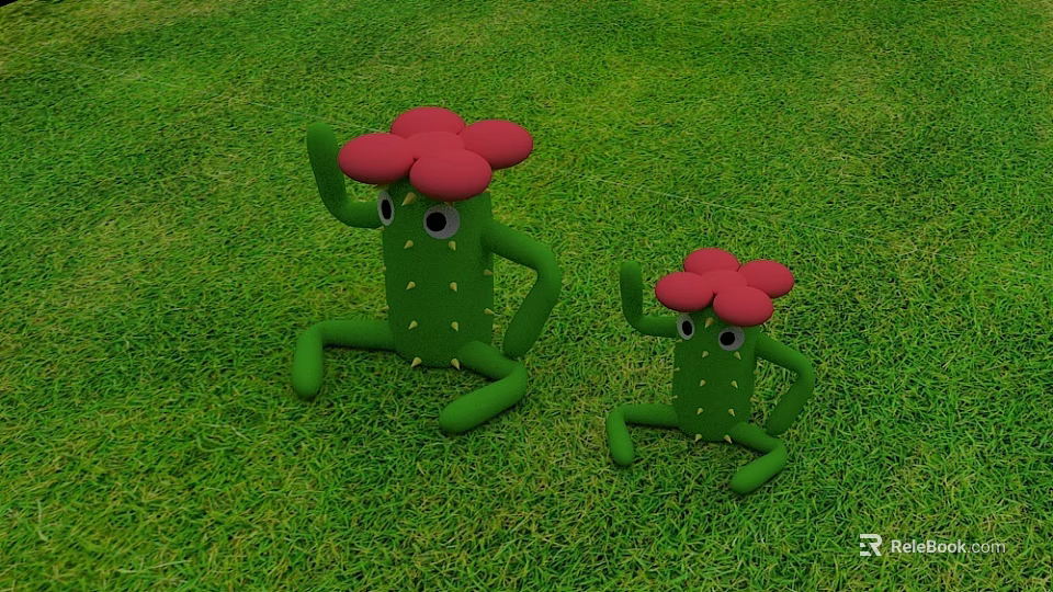 Cute Green Cactus Dolls with Red Flowers Sitting on Lush Green Grass 3d model 