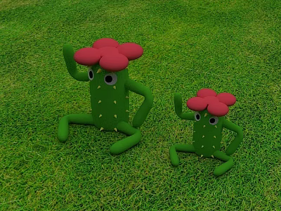 Cute Green Cactus Dolls with Red Flowers Sitting on Lush Green Grass 3d model