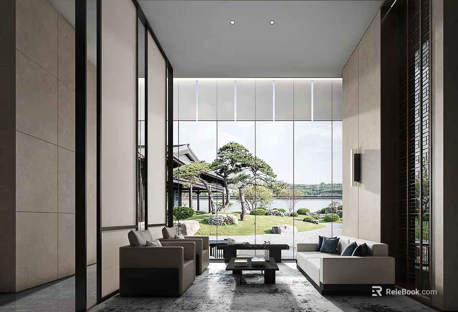 Modern Elegant Lounge Area With Floor-to-Ceiling Windows Sofa Coffee Table And Courtyard View 3d model 