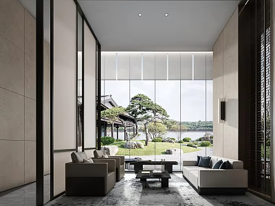 Modern Elegant Lounge Area With Floor-to-Ceiling Windows Sofa Coffee Table And Courtyard View 3d model
