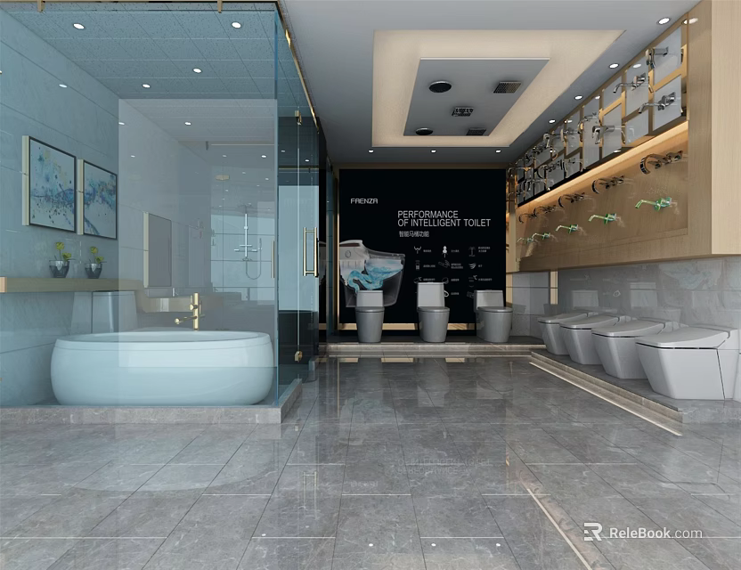 Modern Bathroom Products Showroom Featuring Bathtub Toilets Display Cabinets And Glass Partition 3d model 