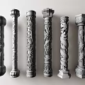 Elegant Decorative Stone Columns With Intricate Carvings And Various Traditional Patterns