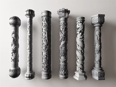 Elegant Decorative Stone Columns With Intricate Carvings And Various Traditional Patterns 3d model