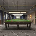 Elegant Billiard Room Interior with Multiple Pool Tables Hanging Lights and Stylish Flooring 3d model