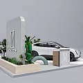 Modern Exhibition Booth with White Car Green Plants Display Screen and Brand Logo