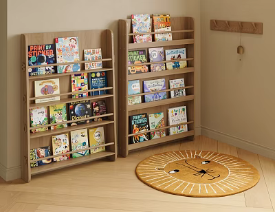 Wooden Bookshelves Filled With Colorful Children's Books In Kids Room With Lion Rug 3d model