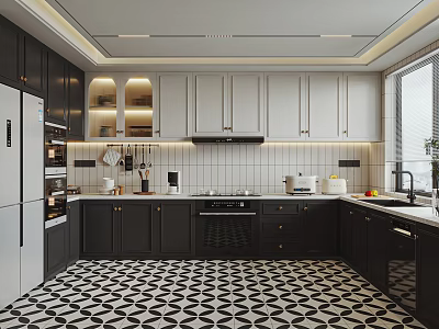 Modern Kitchen Interior With Black And White Cabinets Geometric Pattern Flooring And Appliances 3d model
