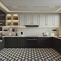Modern Kitchen Interior With Black And White Cabinets Geometric Pattern Flooring And Appliances