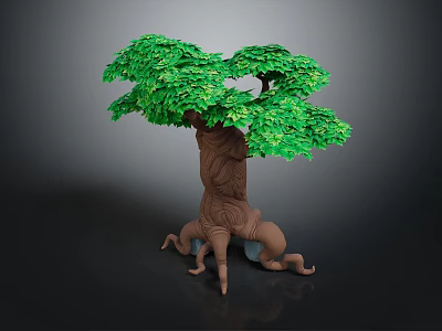Cartoon Tree With Lush Green Leaves Brown Trunk And Foot Like Roots 3d model