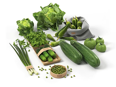 Fresh Garden Vegetables Variety Featuring Cabbage Cucumbers Green Onions Peas And Tomatoes 3d model