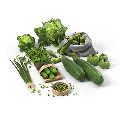Fresh Garden Vegetables Variety Featuring Cabbage Cucumbers Green Onions Peas And Tomatoes 3d model