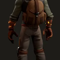 3D Game Character With Red Hood Green Top Brown Backpack And Yellow Knee Pads