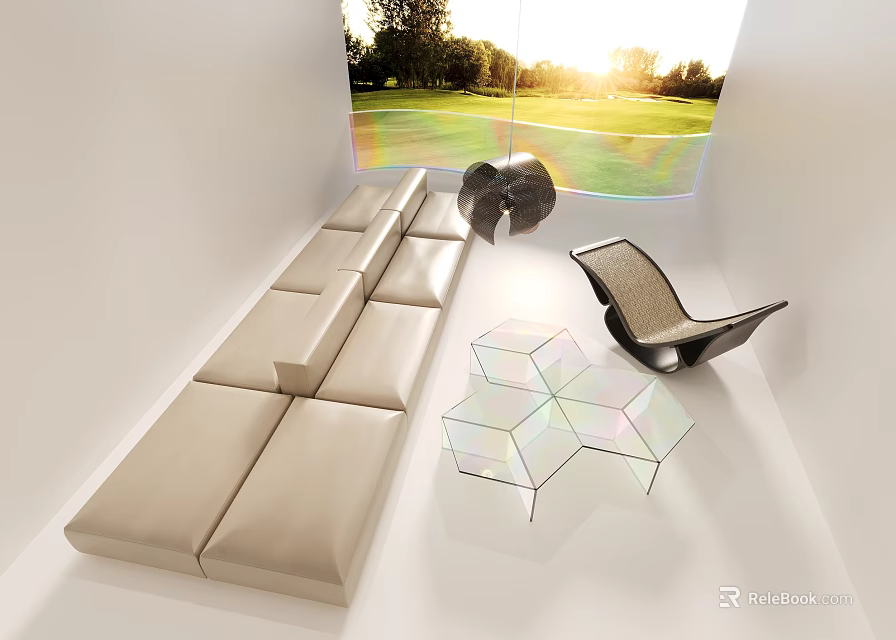 Modern Beige Sectional Sofa With Glass Coffee Table Black Decorative Piece And Sunlit Lawn View 3d model 