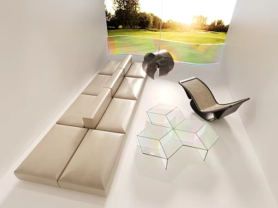 Modern Beige Sectional Sofa With Glass Coffee Table Black Decorative Piece And Sunlit Lawn View 3d model