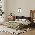 Double Bed with Wooden Headboard Green Quilt Pillows Wooden Nightstand Plant Painting and White Curtains
