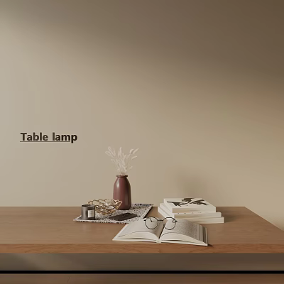 Decorative Ornament Set with Table Lamp Vase Dried Flowers and Books on Wooden Table 3d model