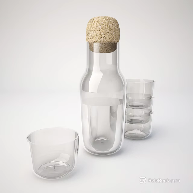 Ceramic Vessels Set Featuring Transparent Bottle With Cork Stopper And Cups 3d model 