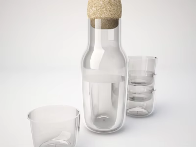 Ceramic Vessels Set Featuring Transparent Bottle With Cork Stopper And Cups 3d model
