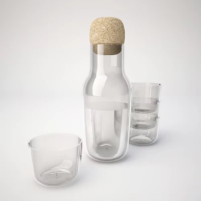 Ceramic Vessels Set Featuring Transparent Bottle With Cork Stopper And Cups 3d model