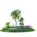 Lush Garden Shrubs With Green Grass Purple Blue Flowers And Various Plants