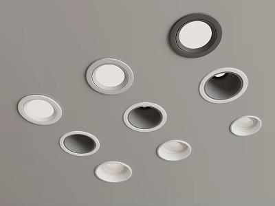 Various Sizes And Colors Recessed Lights Display On Gray Background Scattered Arrangement 3d model