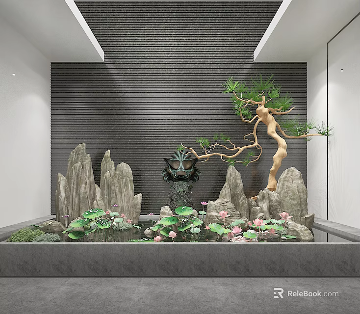 Elegant Garden Ornament With Rockery Pine Tree And Lotus Water Feature 3d model 