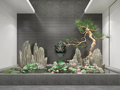 Elegant Garden Ornament With Rockery Pine Tree And Lotus Water Feature 3d model