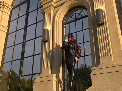 Game and Movie Character With Red Hair In Black Tight Suit Near Arched Window Building 3d model