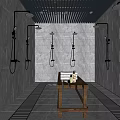 Luxurious SPA Sauna Interior with Multiple Shower Heads Marble Walls Black Ceiling and Wooden Cart