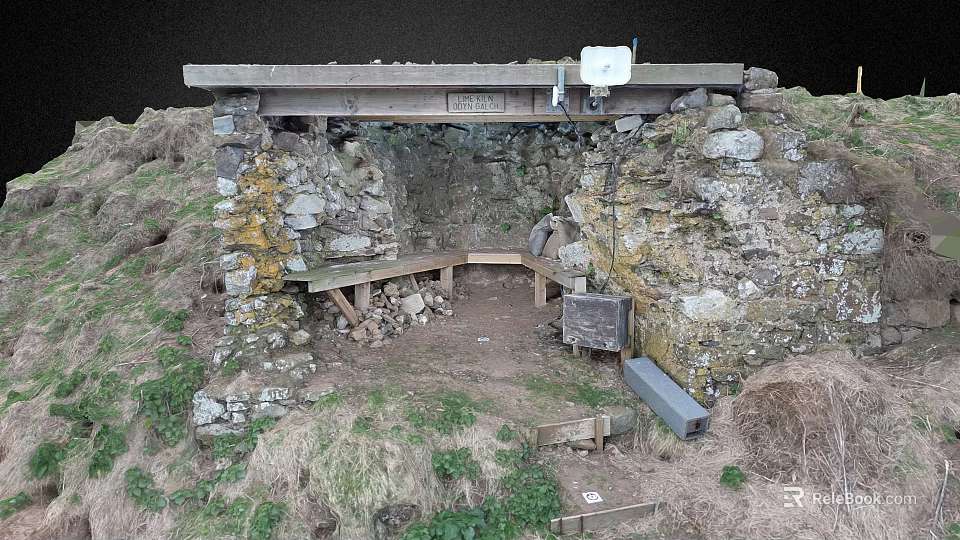 Outdoor Stone Structure With Wooden Beam Bench And Dirt Ground Surrounded By Grass 3d model 