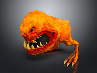 Fierce Orange Monster with Open Mouth Sharp Teeth Single Eye and Clawed Leg 3d model
