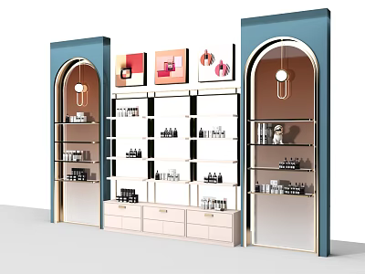 Arched Design Display Shelves With Blue Frames White Multi Tiered And Decorative Paintings 3d model