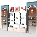 Arched Design Display Shelves With Blue Frames White Multi Tiered And Decorative Paintings