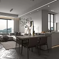 Modern Living and Dining Room With Gray Sofa Wall Art Dining Table And Open Kitchen