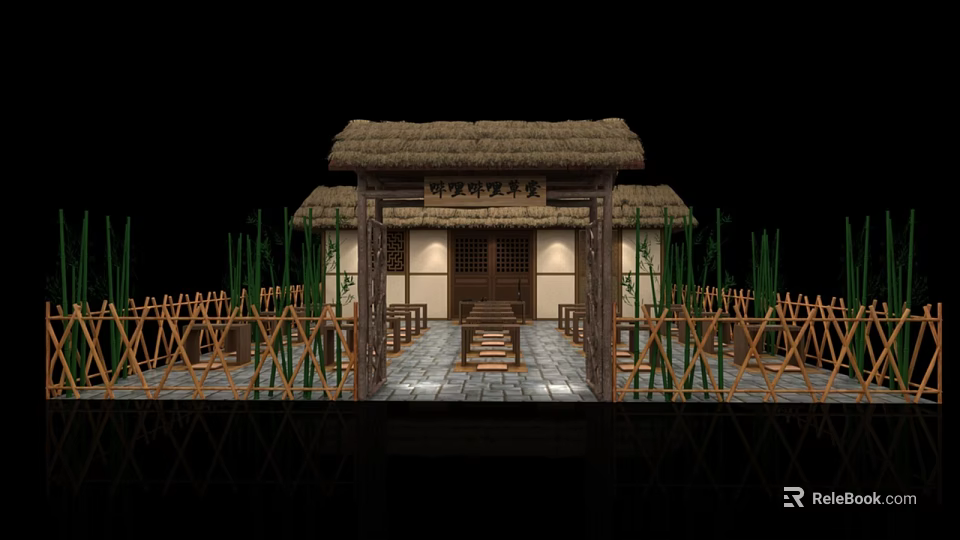 Traditional Chinese Thatched House Courtyard with Bamboo Fences Stone Path Wooden Doors and Windows 3d model 