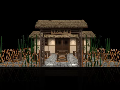 Traditional Chinese Thatched House Courtyard with Bamboo Fences Stone Path Wooden Doors and Windows 3d model