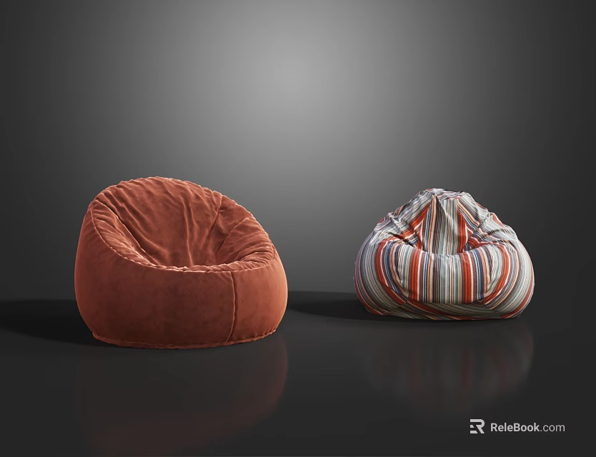 Two Different Bean Bag Chairs with Orange Velvety and Colorful Striped Designs 3d model 