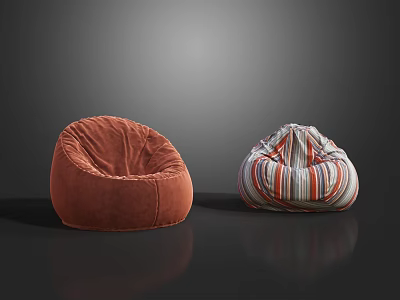 Two Different Bean Bag Chairs with Orange Velvety and Colorful Striped Designs 3d model