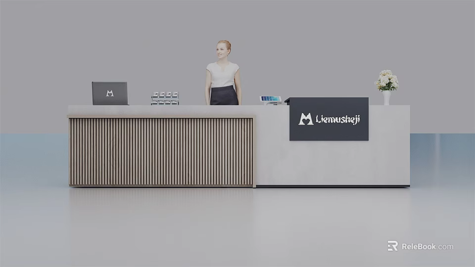 Modern Reception Desk with Wooden Slats and Light Countertop Featuring Laptop Signboard Flower and Receptionist 3d model 