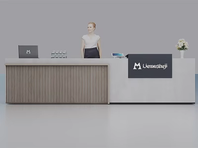 Modern Reception Desk with Wooden Slats and Light Countertop Featuring Laptop Signboard Flower and Receptionist 3d model
