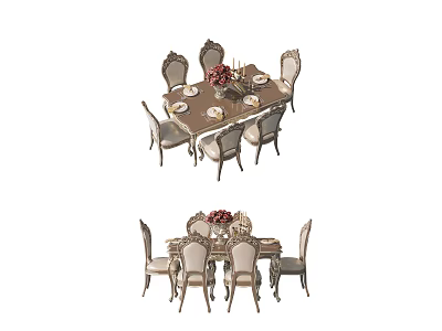 Elegant Classical Dining Table Set With Carved Chairs Floral Centerpiece And Tableware 3d model
