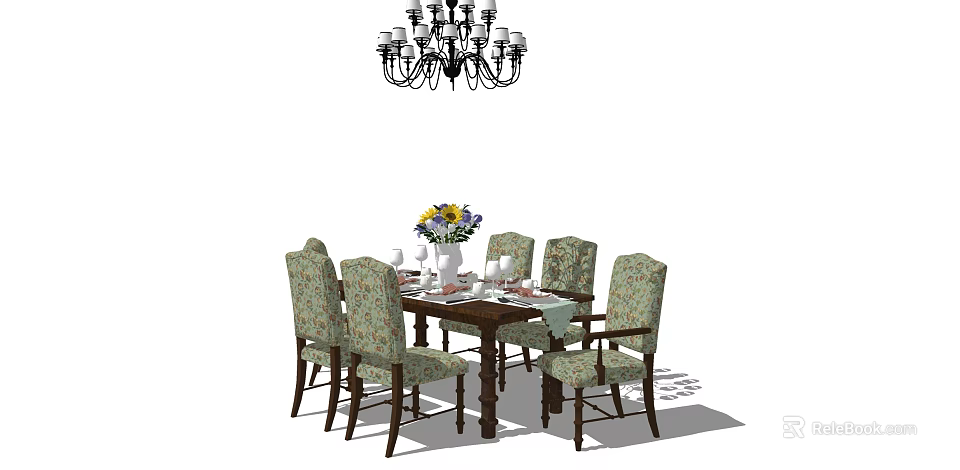 Elegant Dining Table Set With Floral Upholstered Chairs Vase Flowers And Chandelier 3d model 