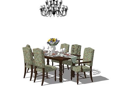 Elegant Dining Table Set With Floral Upholstered Chairs Vase Flowers And Chandelier 3d model