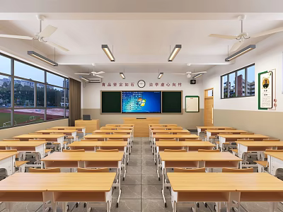School Classroom With Wooden Desks Blackboard Projector Screen Windows And Ceiling Fans 3d model